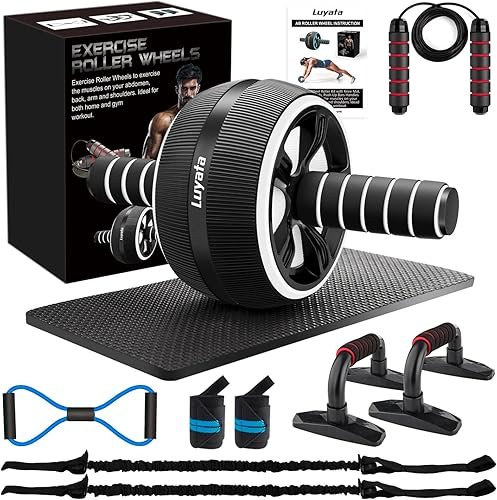 Ab Roller Wheel, 10-In-1 Ab Exercise Wheels Kit with Resistance Bands, Knee Mat, Jump Rope, Push-Up Bar - H...